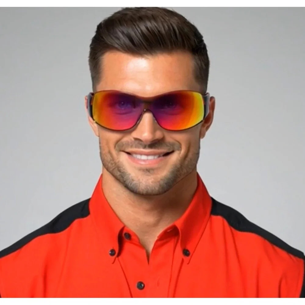 Mens‎ Sport Wrap Sunglasses Black Red Shield Red Mirror Lens Fashion Performance